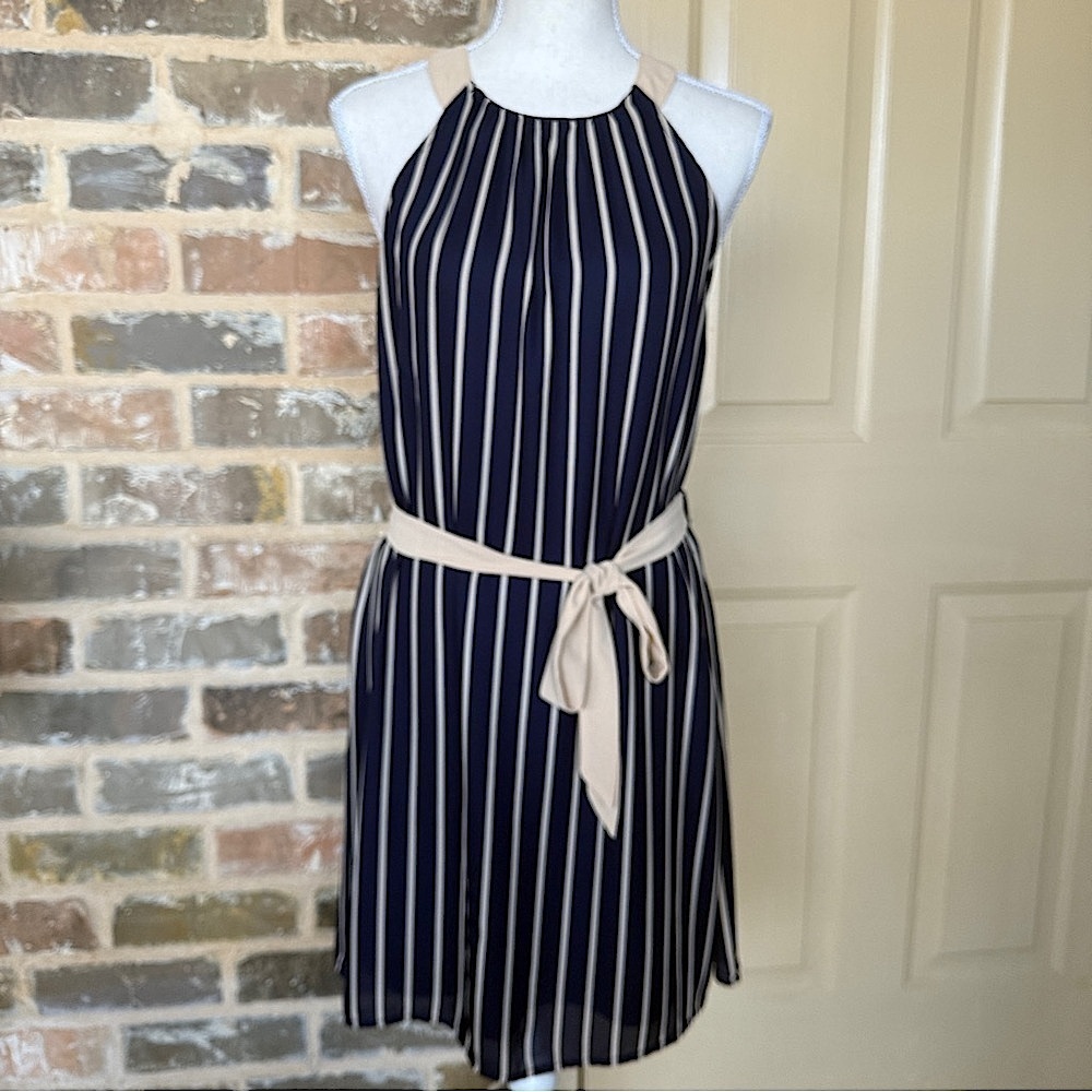 Ya Los Angeles Elegant Navy and Tan Striped Halter Dress Sz S